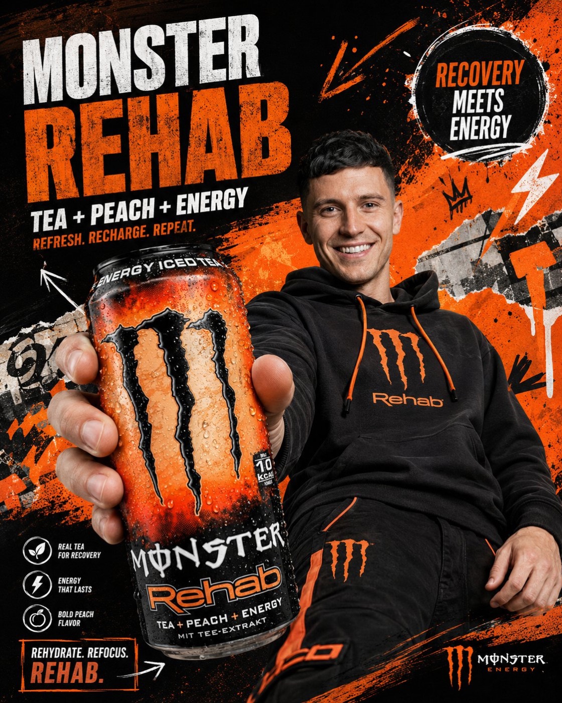Monster Energy Rehab poster — AI generated product campaign still